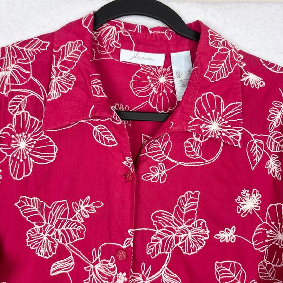 JH Collection XL Pink White Embroidered Floral Button Up Woman's Bell Slv Blouse - Picture 6 of 9